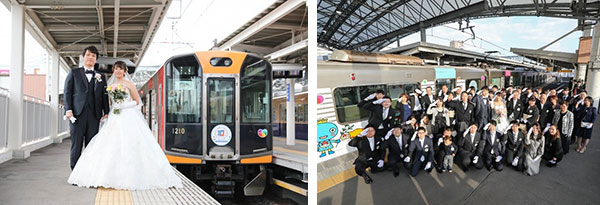 （左）甲子園駅の貸切列車の前で 記念撮影、（右）出発前に敬礼ポーズで記念撮影